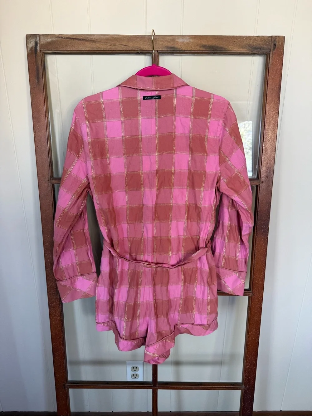 Victoria’s Secret Pink Peach Plaid Gold Detail Button Front Sleep PJ Romper - M